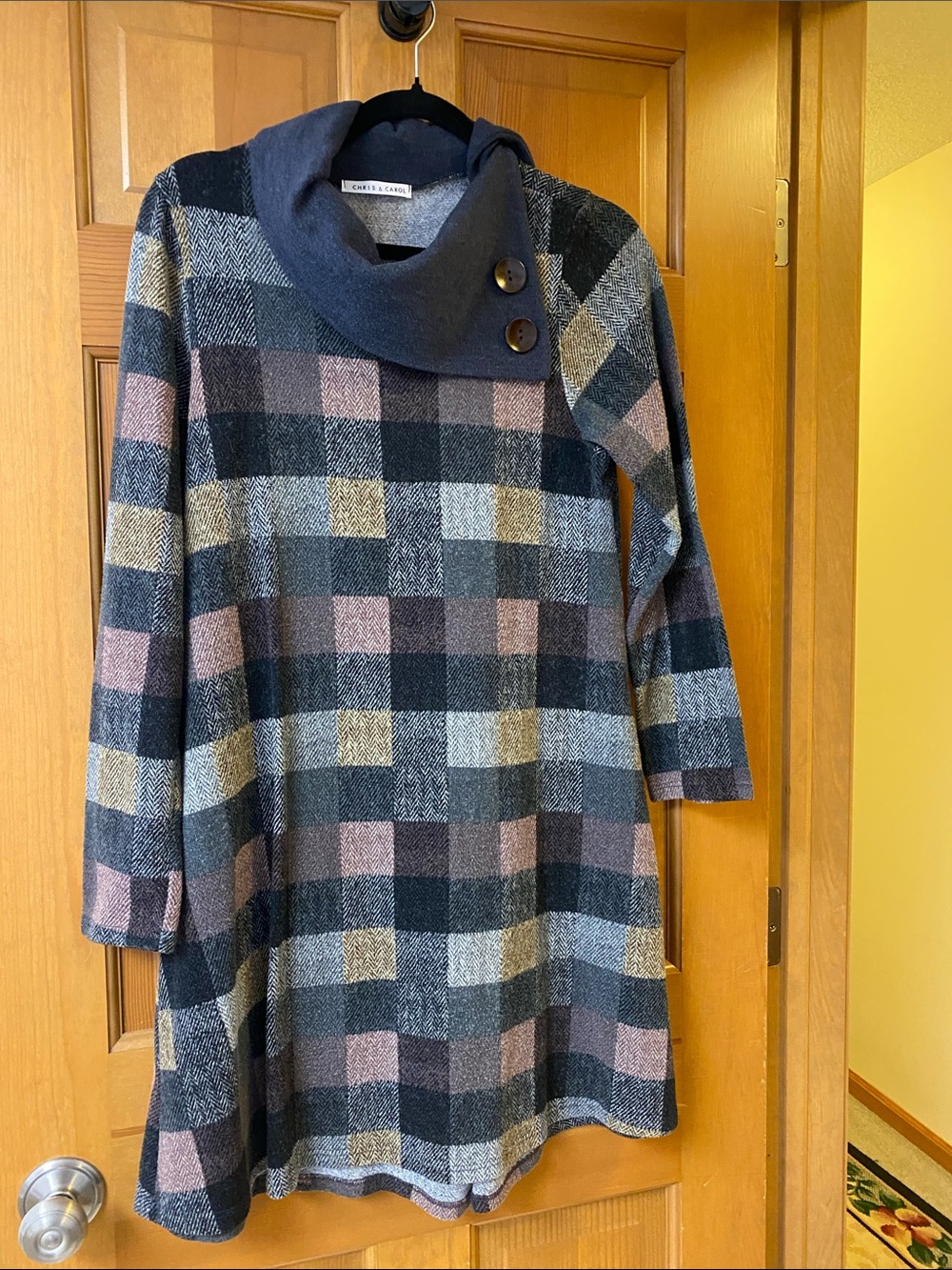 Chris & Carol Gray Plaid Cowl Neck Midi Dress with Pink and burgundy Accents